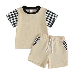 Short Sleeve Beige Checkered Baby Set