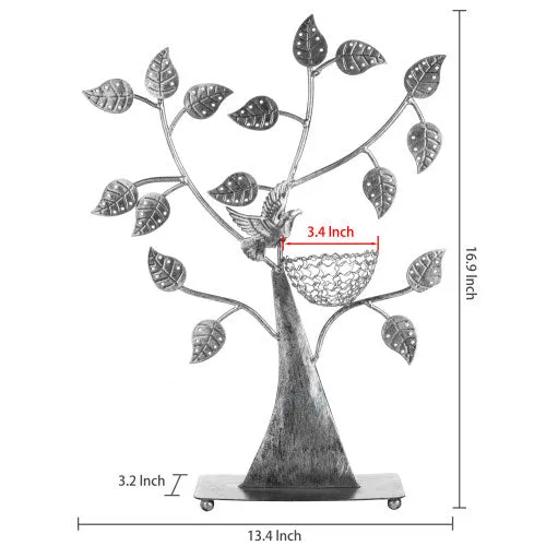Silver Metal Tabletop Jewelry Tree with Bird Nest