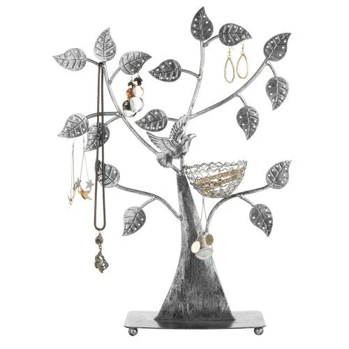 Silver Metal Tabletop Jewelry Tree with Bird Nest