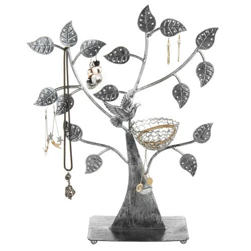 Silver Metal Tabletop Jewelry Tree with Bird Nest