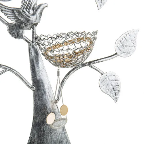 Silver Metal Tabletop Jewelry Tree with Bird Nest