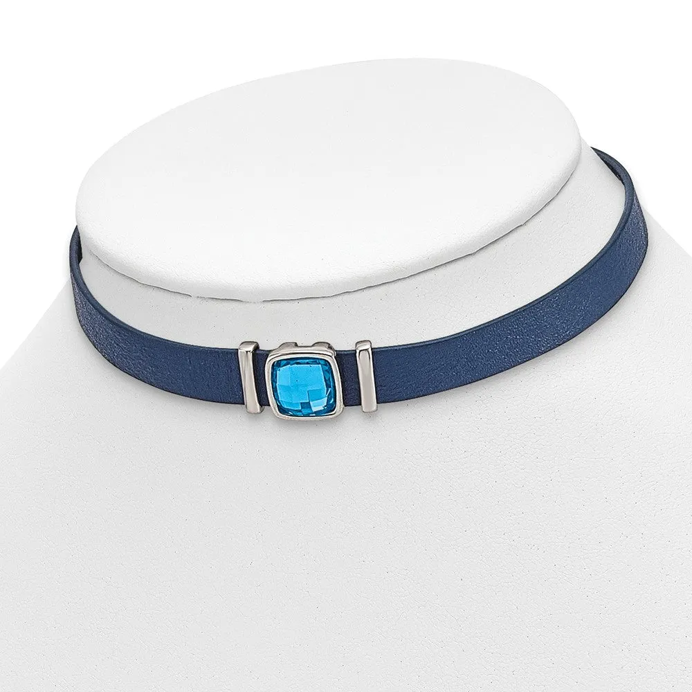 Stainless Steel Polished Blue Leather with Crystal w/1.75in ext. 13in Choke