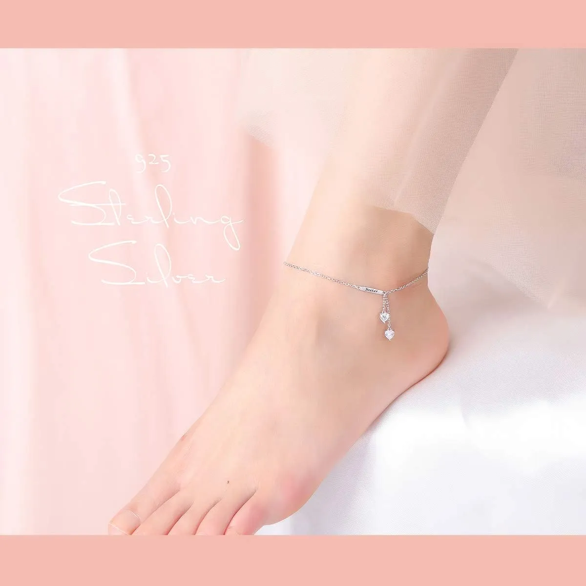 Sterling Silver Anklets Dainty Boho Beach Cute Foot Ankle Bracelet Adjustable Bead Heart Anklet for Women Girlfriend