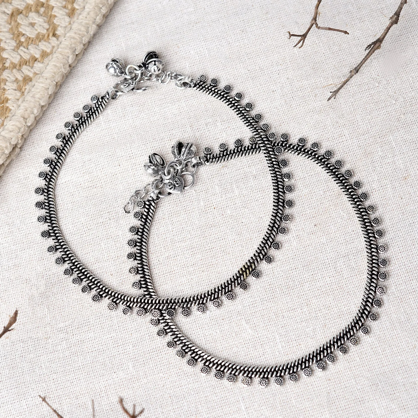 Teejh Spoorthi Silver Oxidised Ghungroo Anklet