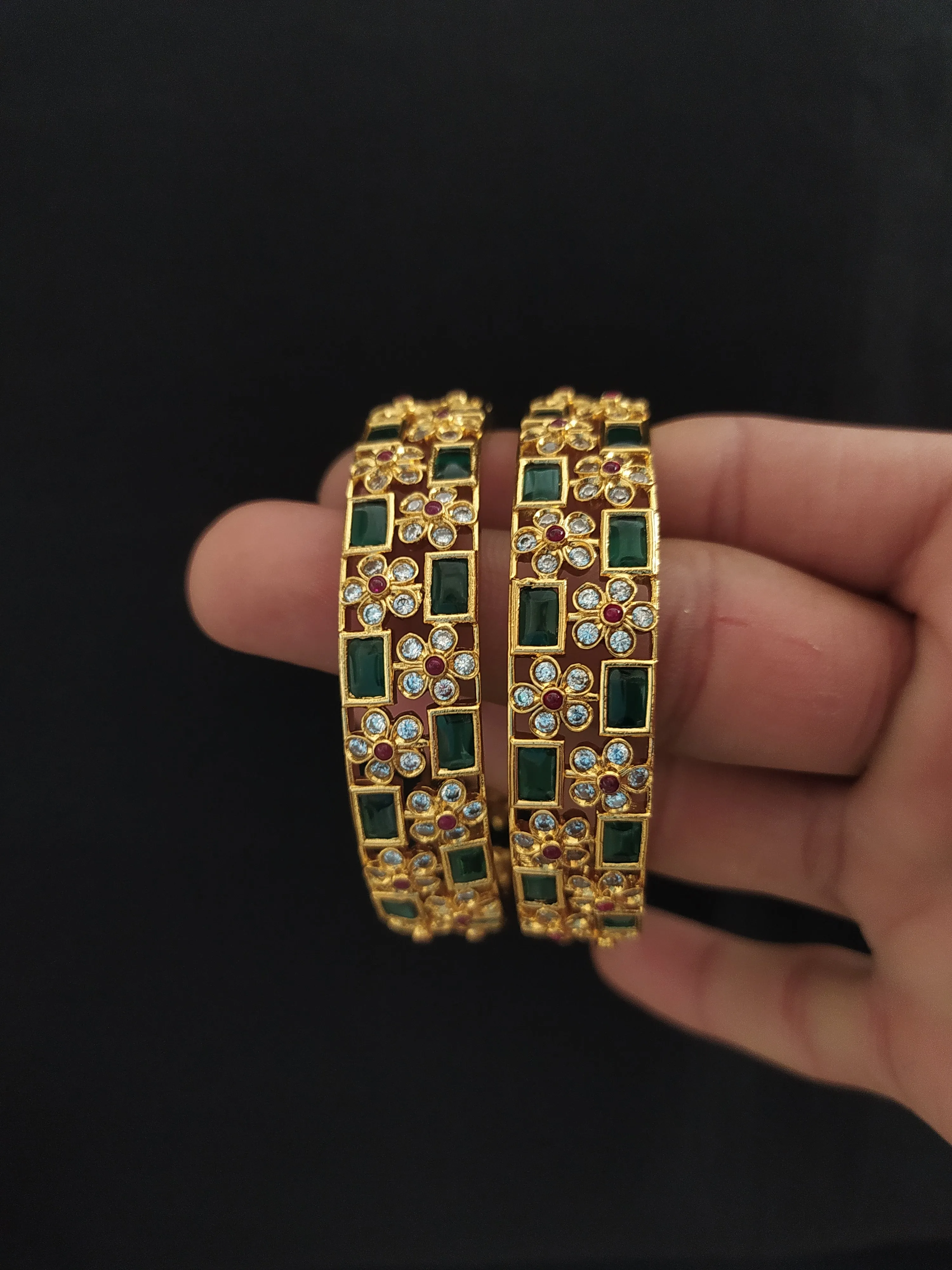 Unveiling Nature's Elegance: Antique Floral Bangles with Lush Greens and Kemp Stones