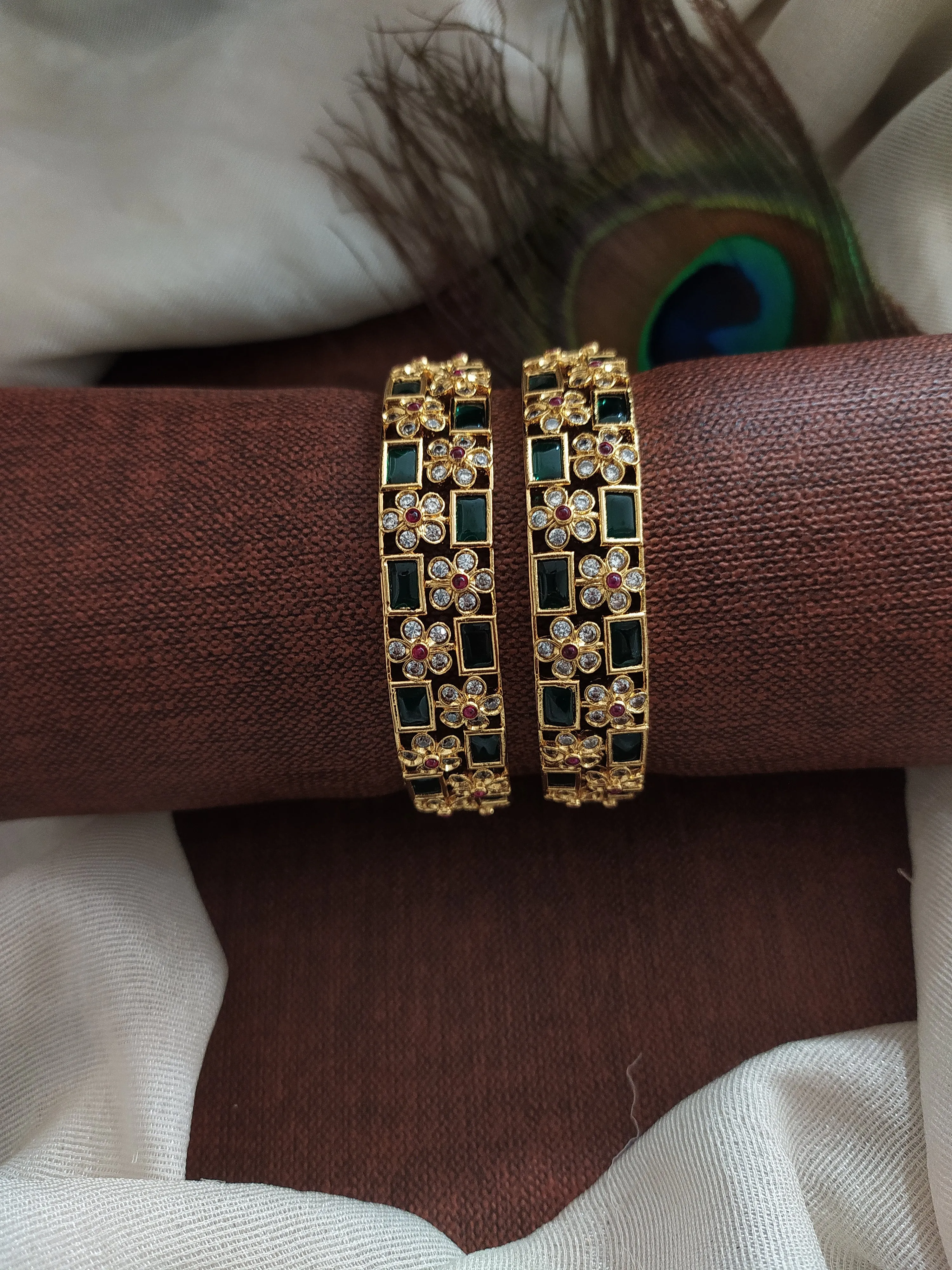 Unveiling Nature's Elegance: Antique Floral Bangles with Lush Greens and Kemp Stones