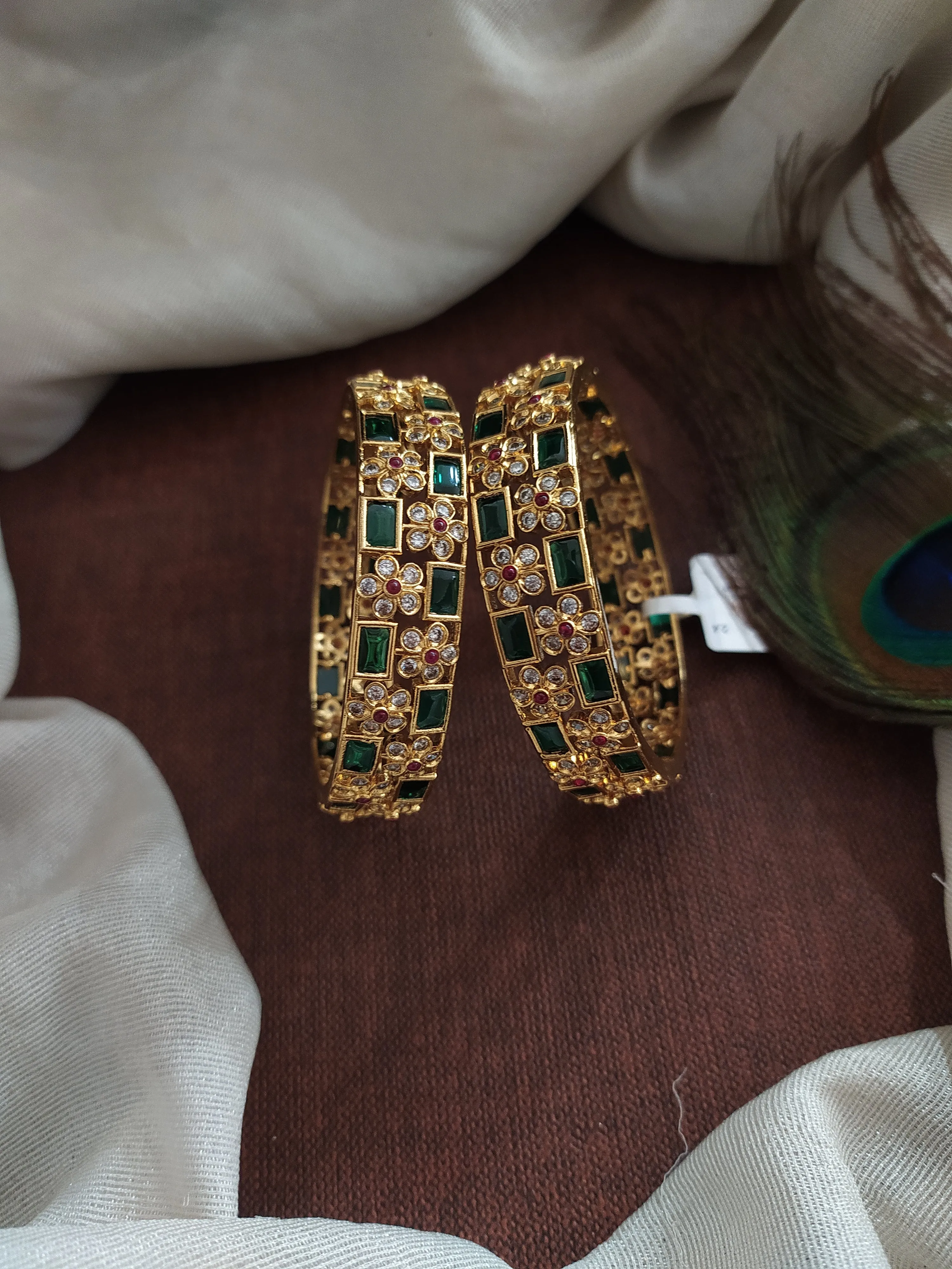 Unveiling Nature's Elegance: Antique Floral Bangles with Lush Greens and Kemp Stones