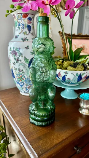 Vintage Glass Decanter, Poodle, Green Depression Glass, Decorative