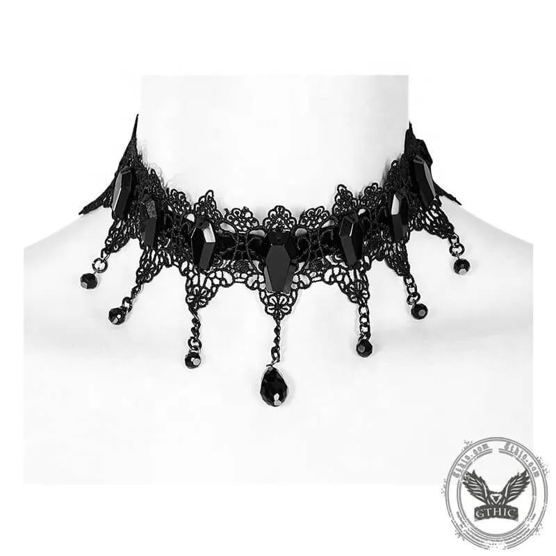 Vintage Lace Black Zircon Tassel Choker Necklace