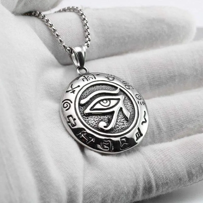 Vintage Look Silver Tone Stainless Steel Egyptian Eye of Horus Round Pendant Necklace