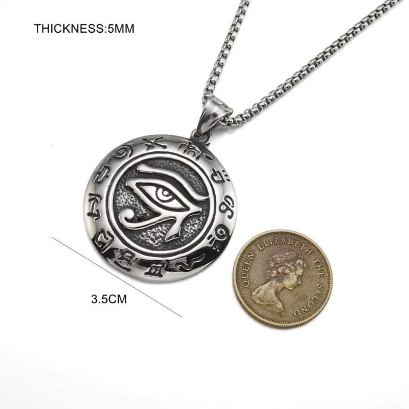 Vintage Look Silver Tone Stainless Steel Egyptian Eye of Horus Round Pendant Necklace