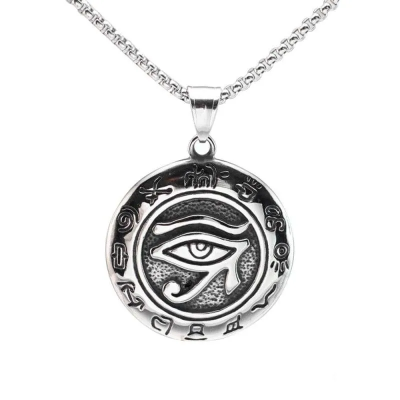 Vintage Look Silver Tone Stainless Steel Egyptian Eye of Horus Round Pendant Necklace