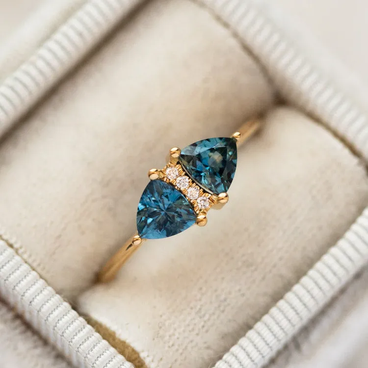 Vintage Style Engagement Ring with Teal Sapphire Trillions