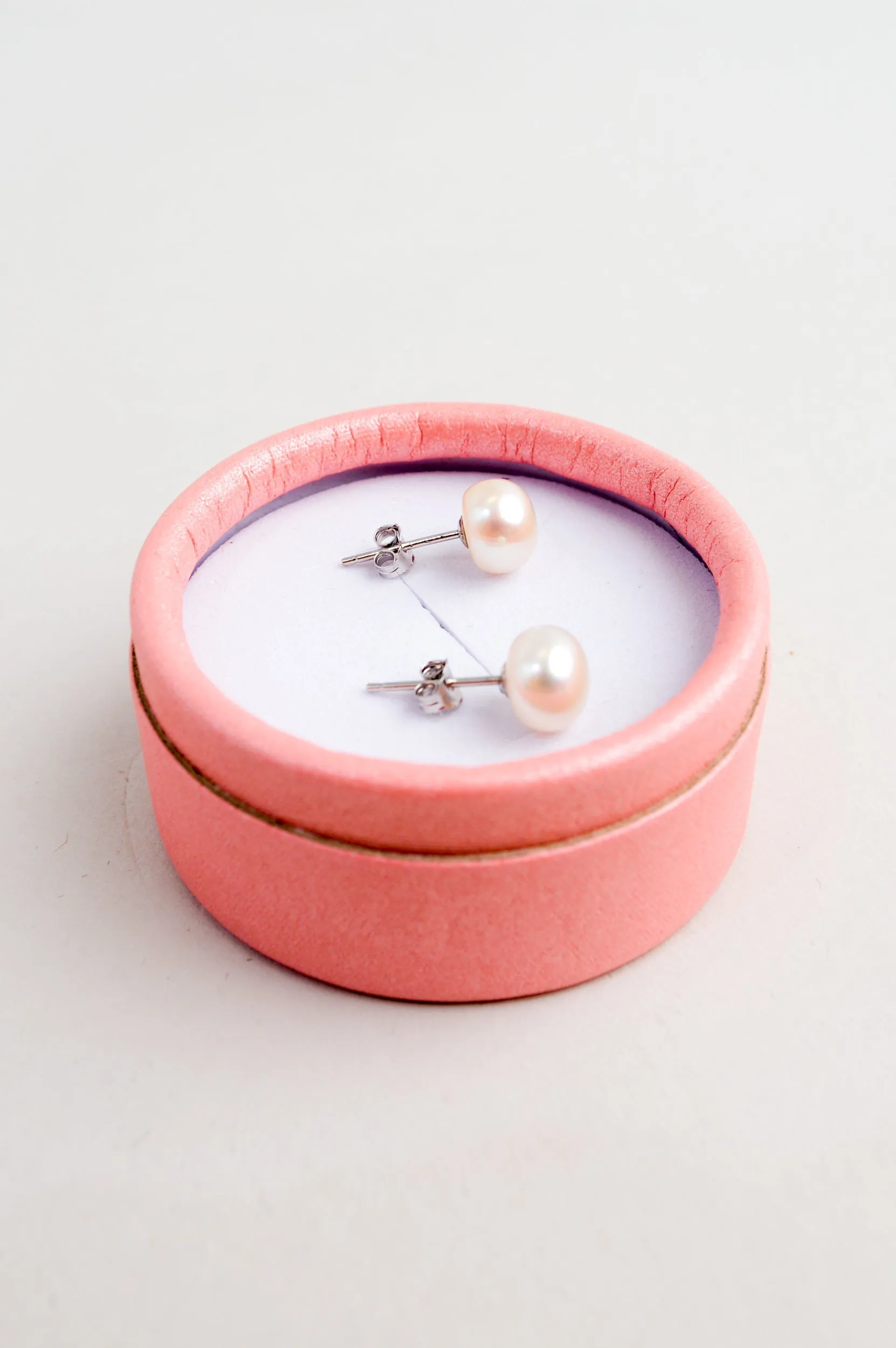 White Pearl Stud Earrings with Pink Gift Box