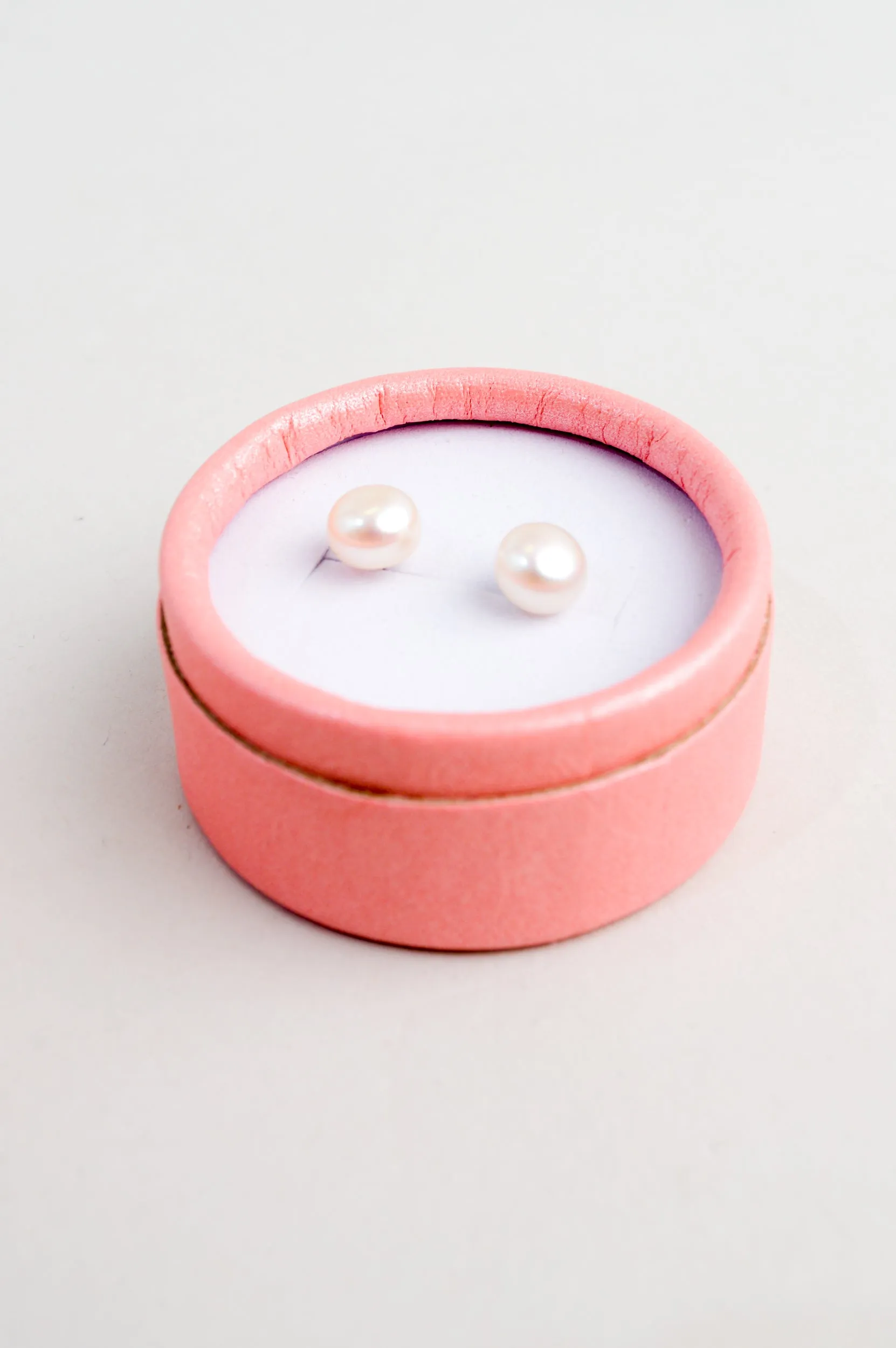 White Pearl Stud Earrings with Pink Gift Box