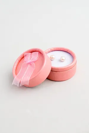 White Pearl Stud Earrings with Pink Gift Box