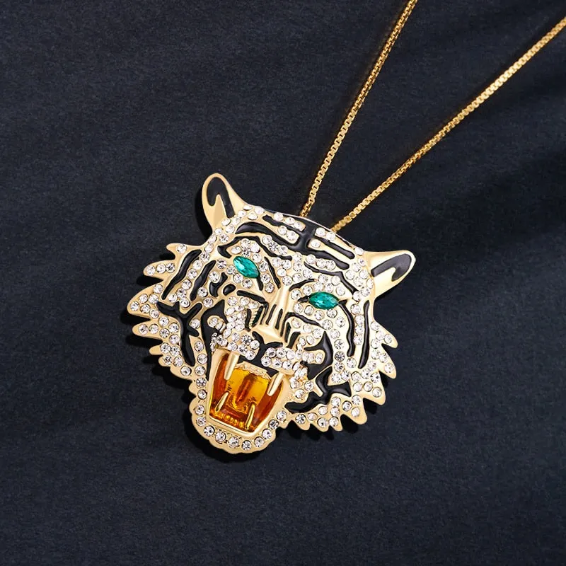 Wuli&amp;baby Rhinestone Roaring Tiger Brooches Women Men Big Tiger Head Party Casual Brooch Pins Gifts