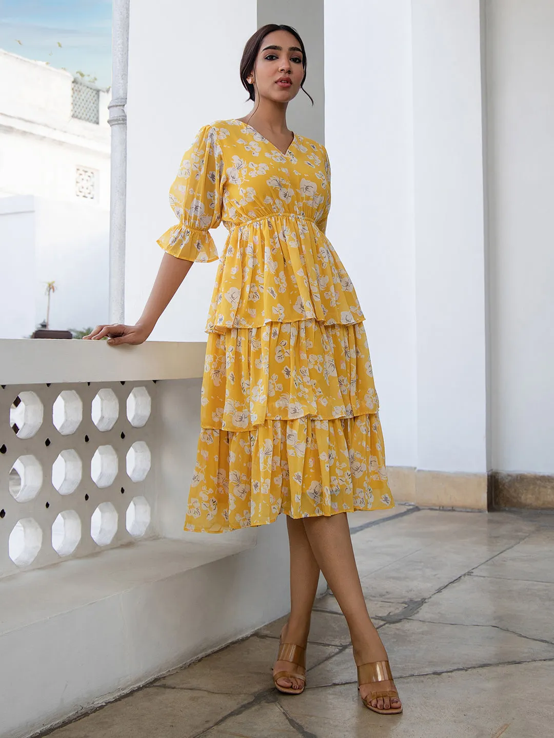 Yellow Georgette Floral Layered Dress